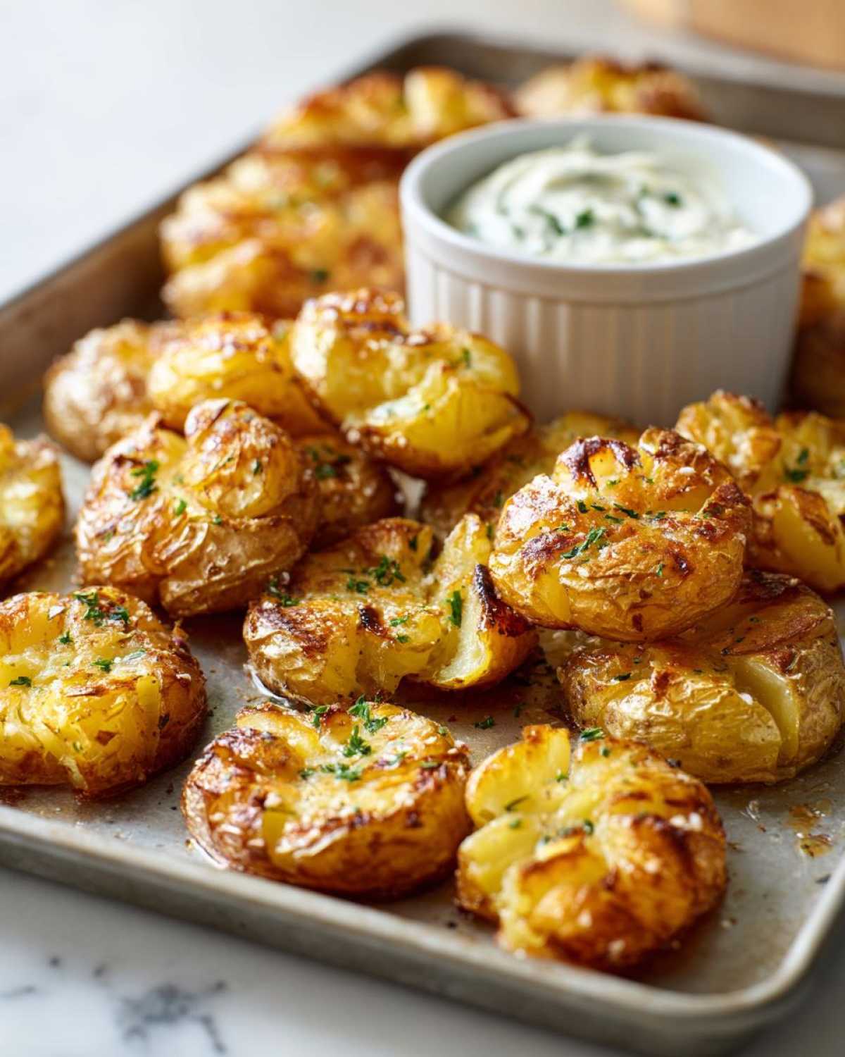 Golden brown Sheet Pan Crispy Smashed Potatoes garnished with parsley, served next to a small bowl of garlic aioli.