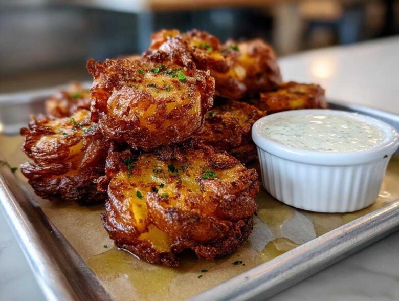 A pile of golden brown Sheet Pan Crispy Smashed Potatoes served with a small white bowl of creamy garlic aioli.