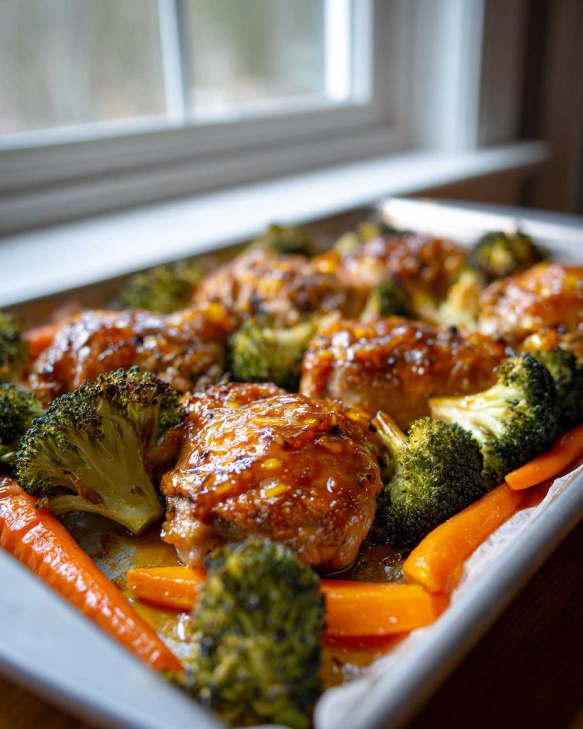Close-up of glazed Sheet Pan Ginger Orange Chicken Thighs roasted with bright green broccoli and orange carrots.