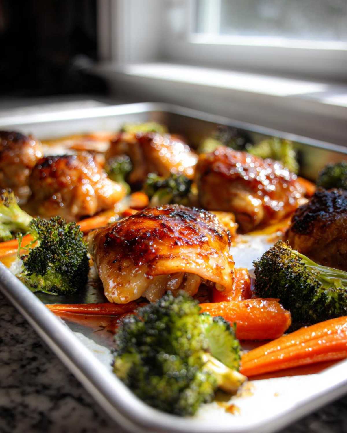 Close-up of glazed Sheet Pan Ginger Orange Chicken Thighs with roasted broccoli and carrots on a baking sheet.