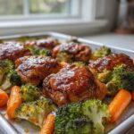 Glazed Sheet Pan Ginger Orange Chicken Thighs roasted with bright orange carrots and green broccoli florets.