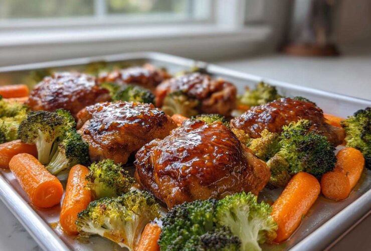 Glazed Sheet Pan Ginger Orange Chicken Thighs roasted with bright orange carrots and green broccoli florets.