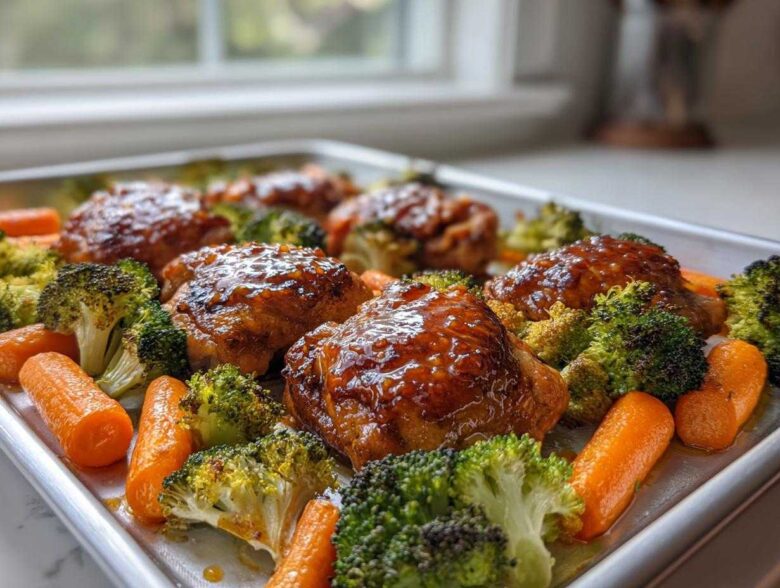 Glazed Sheet Pan Ginger Orange Chicken Thighs roasted with bright orange carrots and green broccoli florets.