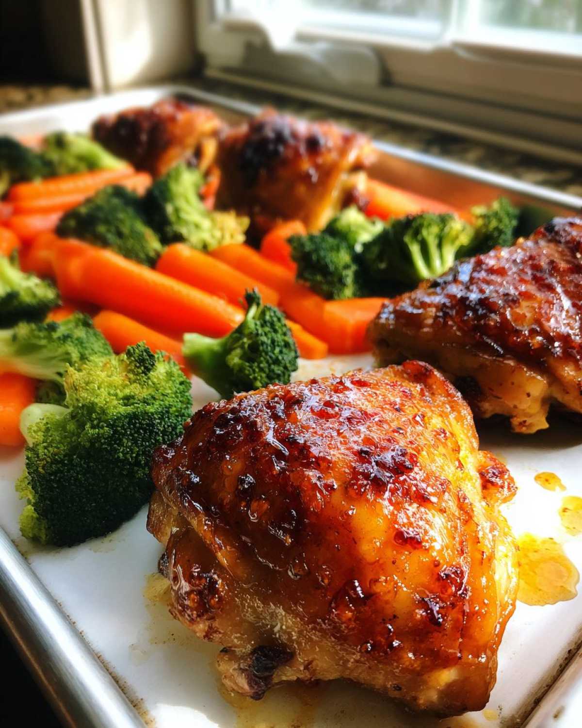 Close-up of glazed Sheet Pan Ginger Orange Chicken Thighs next to bright orange carrots and green broccoli florets.