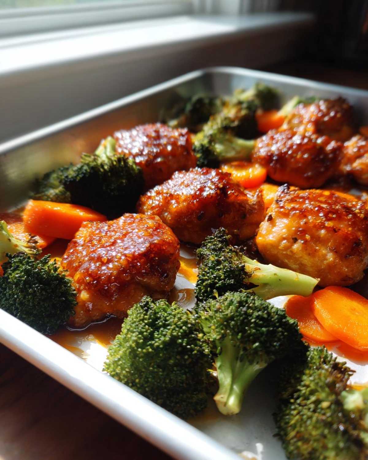 Glazed Sheet Pan Ginger Orange Chicken Thighs cooked with bright green broccoli florets and sliced carrots.