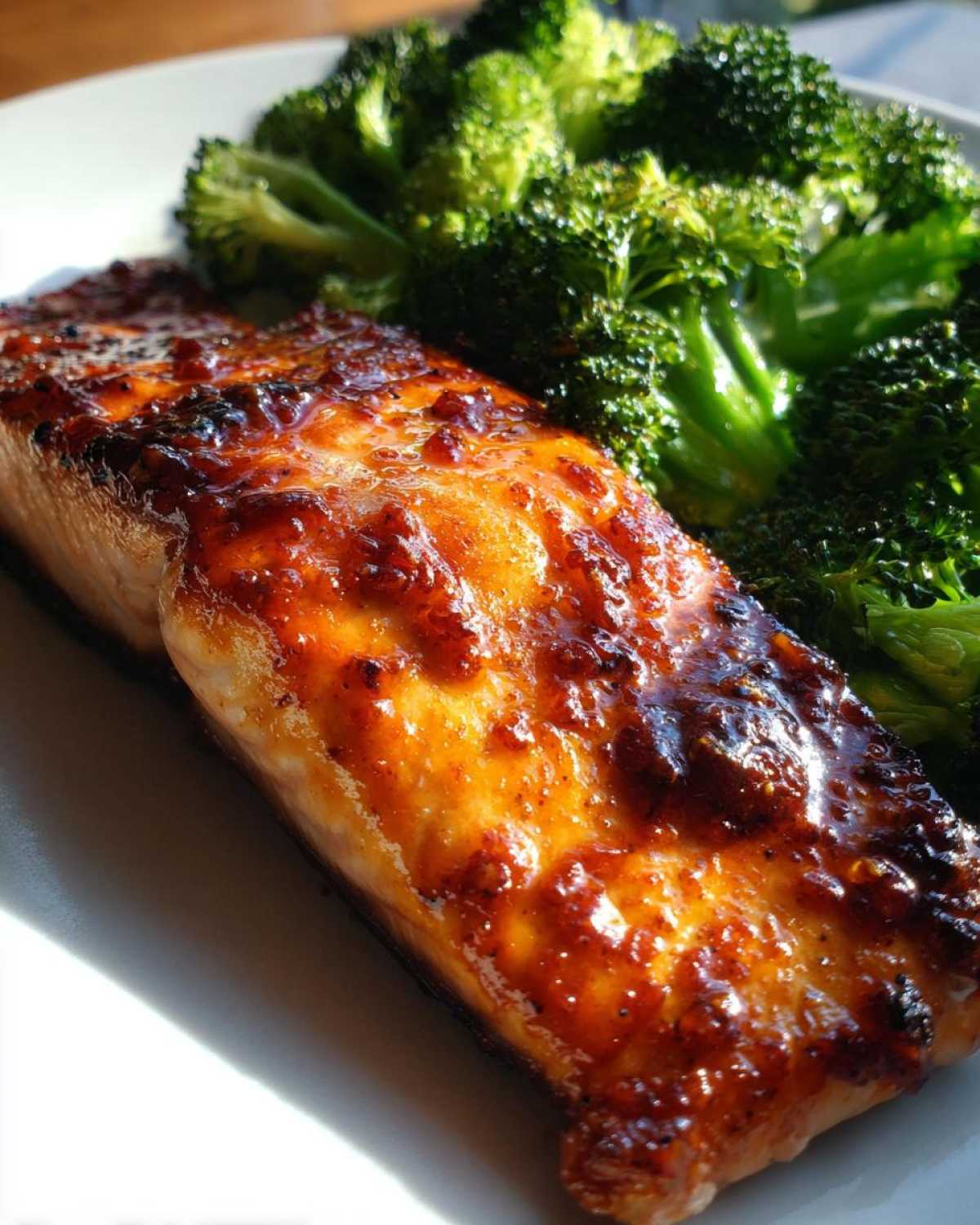 Close-up of a perfectly cooked Sheet Pan Honey Harissa Salmon fillet with a glossy glaze next to bright green broccoli florets.