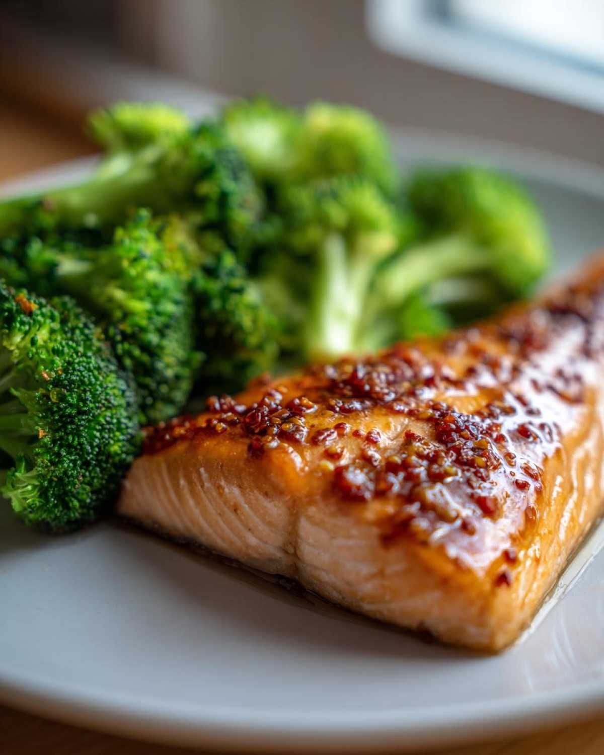 Close-up of a perfectly cooked Sheet Pan Honey Harissa Salmon fillet served next to bright green broccoli florets.