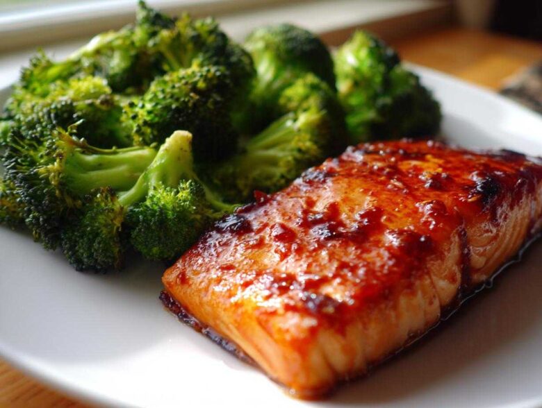 A close-up of a glazed Sheet Pan Honey Harissa Salmon fillet served next to bright green roasted broccoli florets on a white plate.