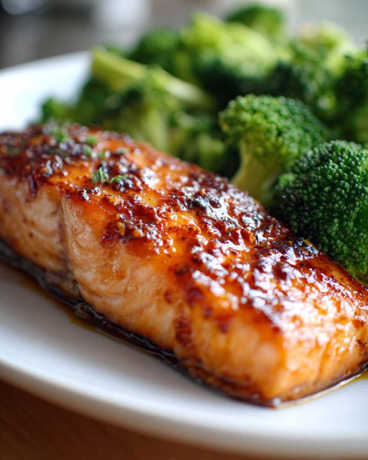 Close-up of a perfectly cooked salmon fillet glazed with honey harissa, served next to bright green broccoli florets.