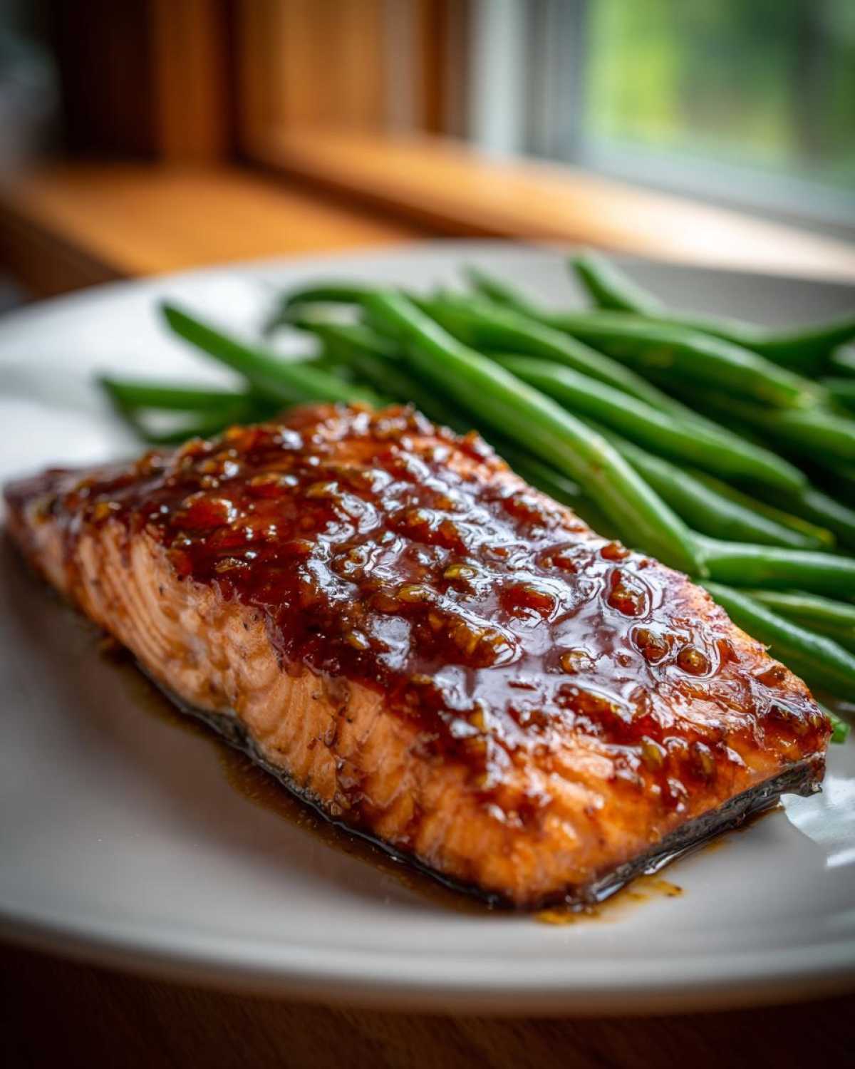 Close-up of a glazed salmon fillet topped with honey mustard sauce next to bright green beans.