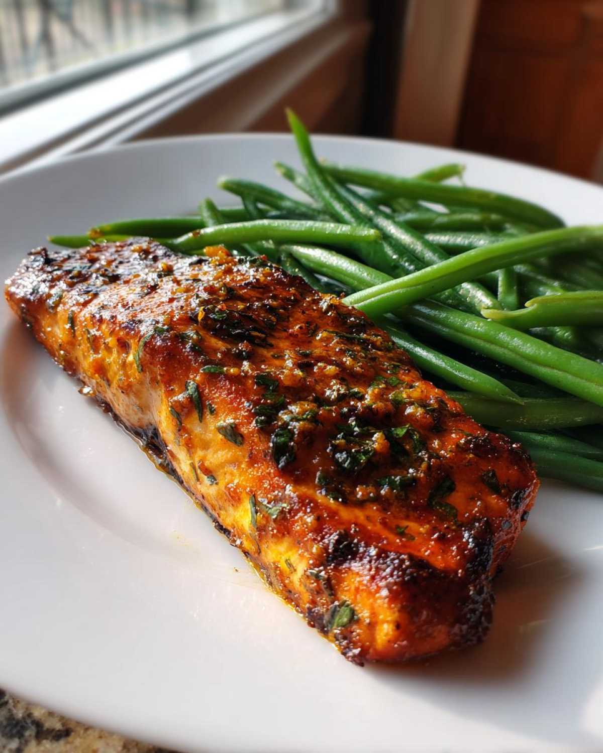 A perfectly cooked fillet of Sheet Pan Honey Mustard Salmon served next to bright green beans on a white plate.