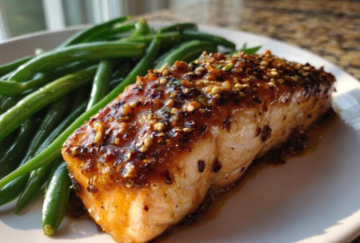 Close-up of a perfectly cooked salmon fillet topped with honey mustard glaze and sesame seeds, served with bright green beans.