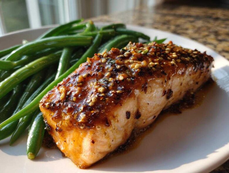 Close-up of a perfectly cooked salmon fillet topped with honey mustard glaze and sesame seeds, served with bright green beans.