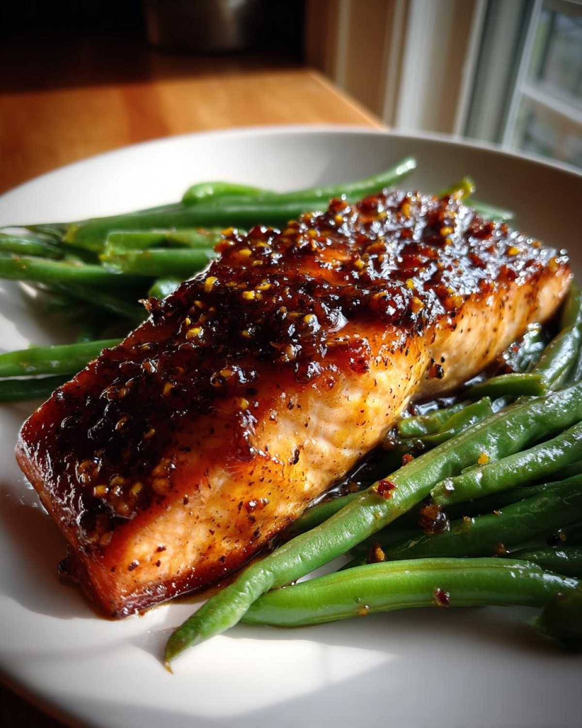 Close-up of a perfectly cooked salmon fillet topped with a thick, whole-grain honey mustard glaze, served alongside bright green beans.