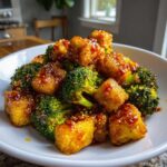 Crispy cubes of Sheet Pan Sweet Chili Tofu mixed with bright green broccoli florets, coated in a glossy sauce.