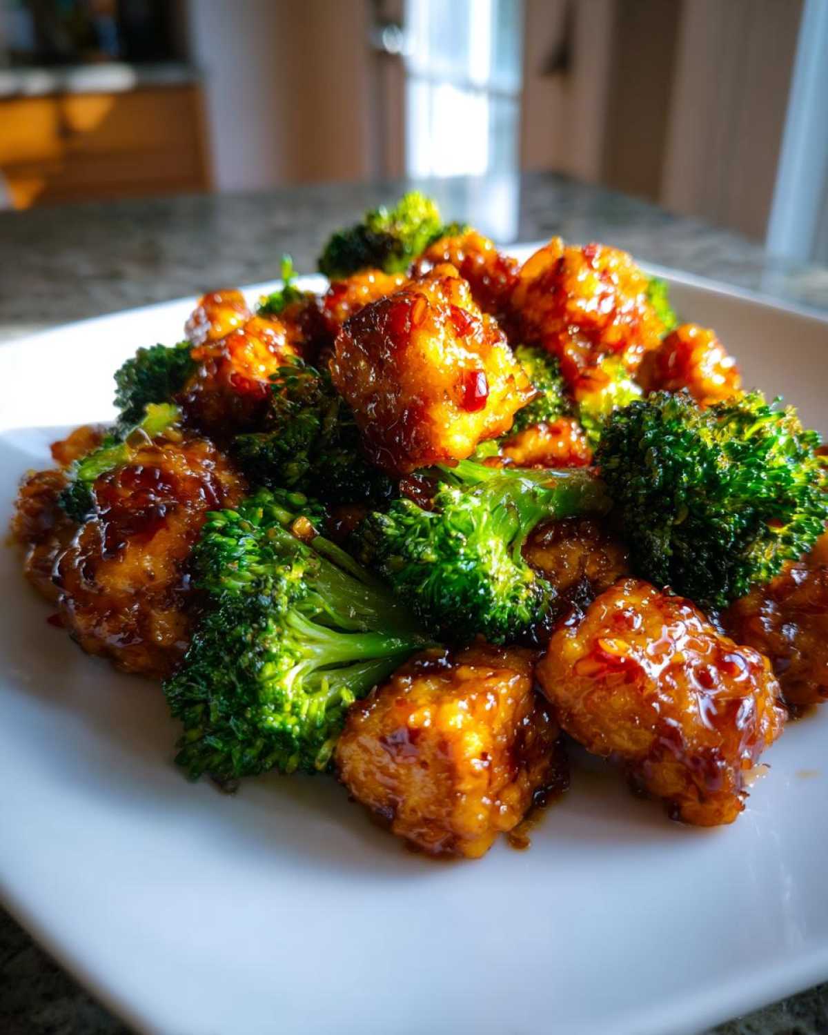 Close-up of crispy Sheet Pan Sweet Chili Tofu with bright green broccoli florets coated in a sticky glaze.