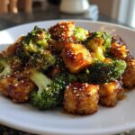 Crispy pieces of Sheet Pan Sweet Chili Tofu mixed with roasted broccoli florets, coated in a glossy sauce and sprinkled with sesame seeds.