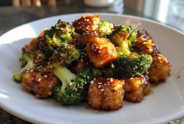 Crispy pieces of Sheet Pan Sweet Chili Tofu mixed with roasted broccoli florets, coated in a glossy sauce and sprinkled with sesame seeds.