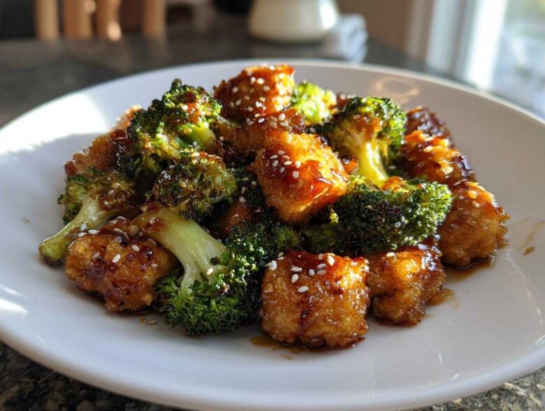 Crispy pieces of Sheet Pan Sweet Chili Tofu mixed with roasted broccoli florets, coated in a glossy sauce and sprinkled with sesame seeds.
