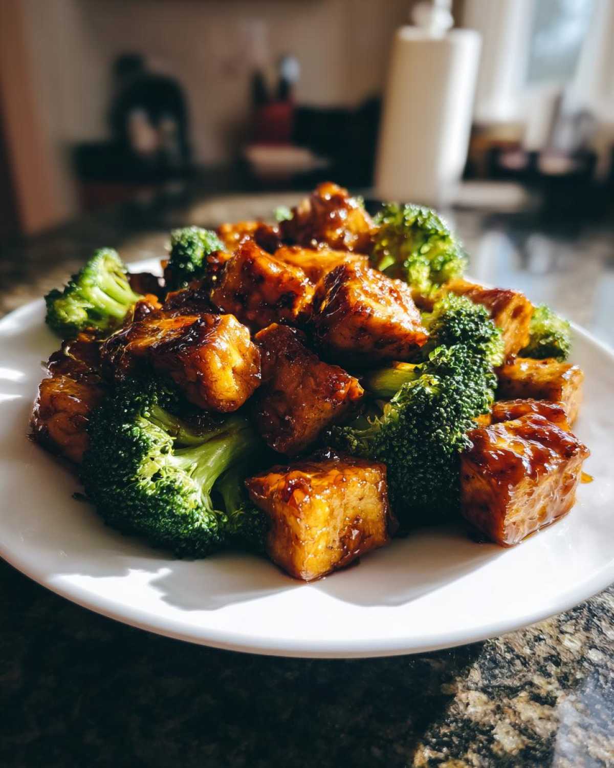 Close-up of glazed Sheet Pan Sweet Chili Tofu with bright green broccoli florets served on a white plate.