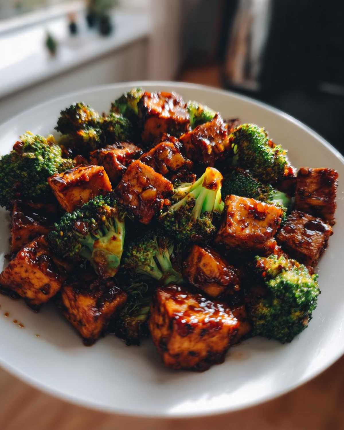 Close-up of cooked Sheet Pan Sweet Chili Tofu with Broccoli pieces coated in a glossy sauce on a white plate.