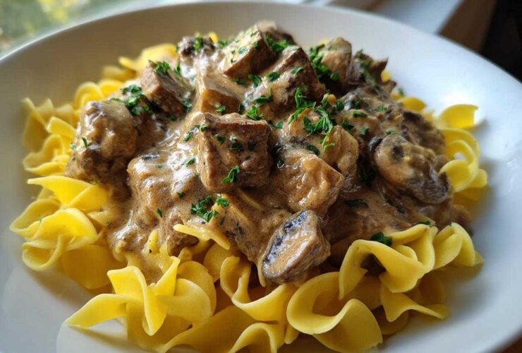 A close-up of a bowl featuring Slow Cooker Beef Stroganoff served over bright yellow egg noodles, garnished with parsley.