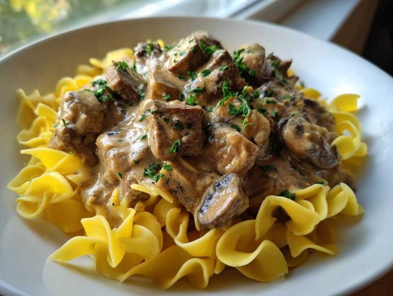 A close-up of a bowl featuring Slow Cooker Beef Stroganoff served over bright yellow egg noodles, garnished with parsley.