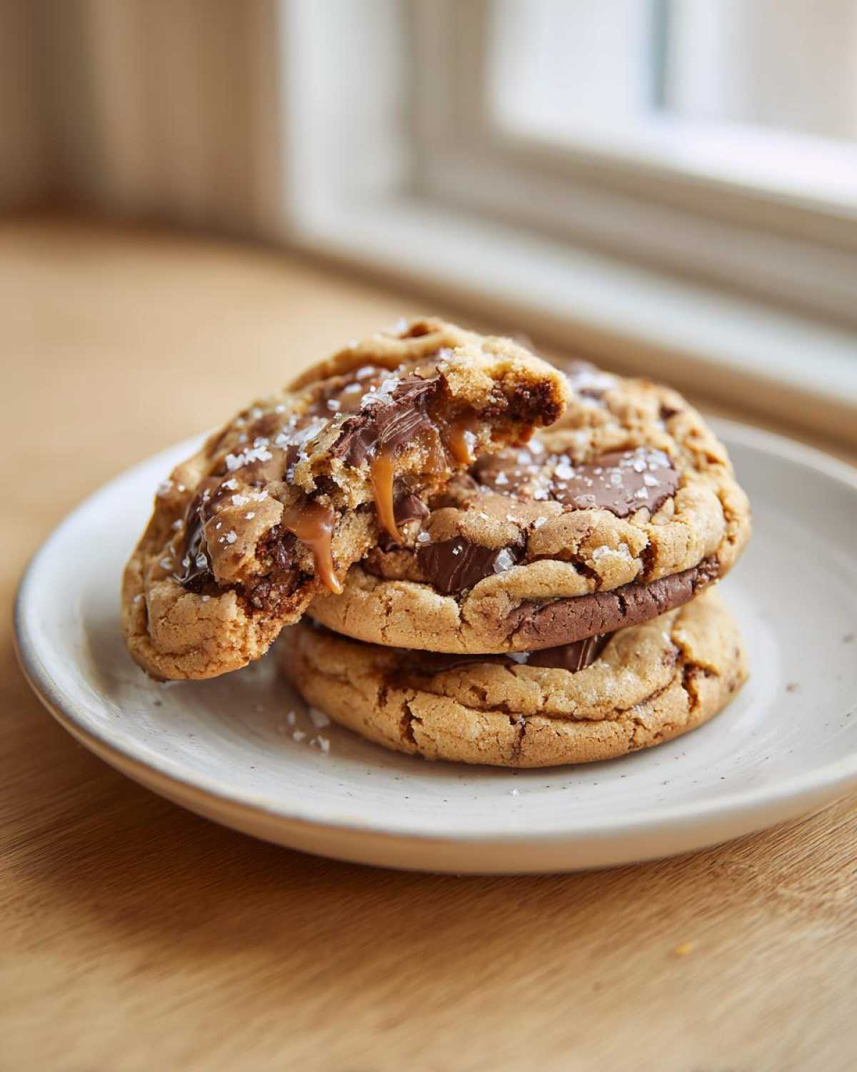 Close-up of two Soft Batch Salted Caramel Cookies stacked, with the top one broken to show gooey caramel and chocolate filling.