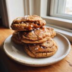A stack of three Soft Batch Salted Caramel Cookies topped with gooey caramel and flaky sea salt.