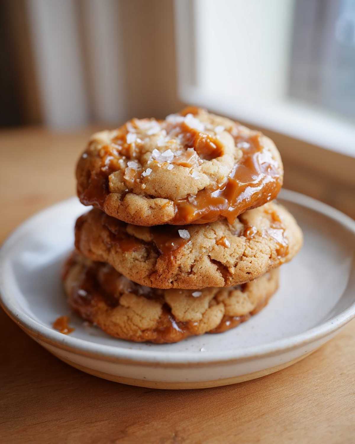A stack of three Soft Batch Salted Caramel Cookies drizzled with gooey caramel and sprinkled with sea salt.