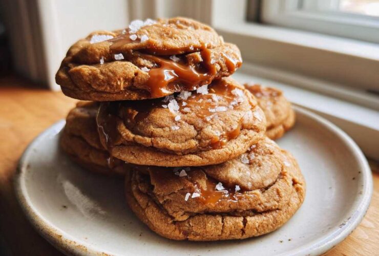 A stack of three Soft Batch Salted Caramel Cookies topped with gooey caramel and flaky sea salt.