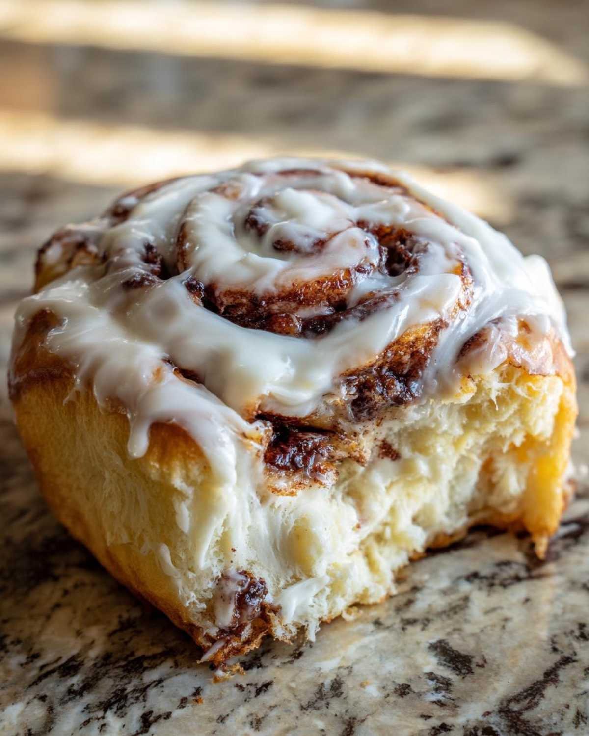 A close-up photo of a soft Cinnamon Rolls with a bite taken out, covered in thick white icing.