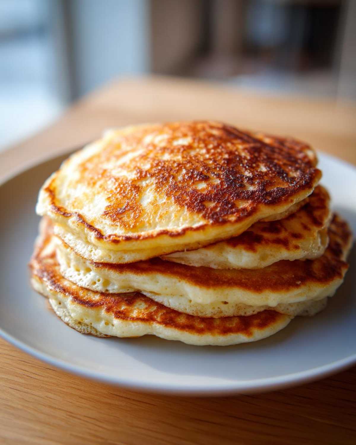 A tall stack of golden brown pancakes, the Soft & Fluffy Brunch Favorite, resting on a light grey plate.