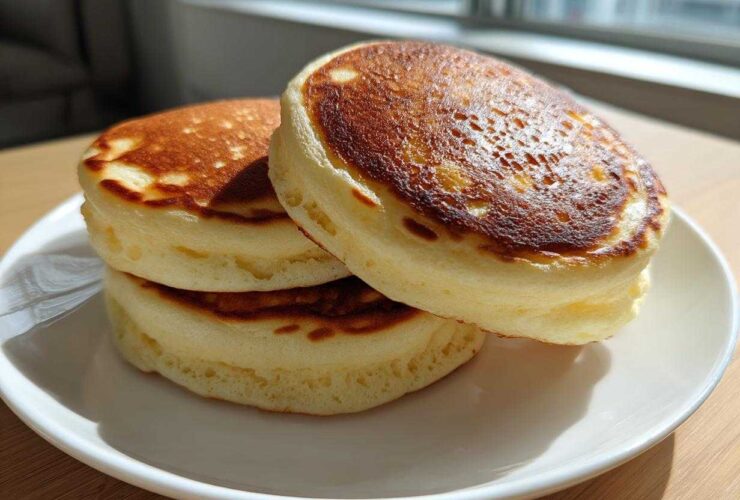 Three thick, golden-brown Japanese-style pancakes stacked on a white plate, showcasing the Soft & Fluffy Brunch Favorite texture.