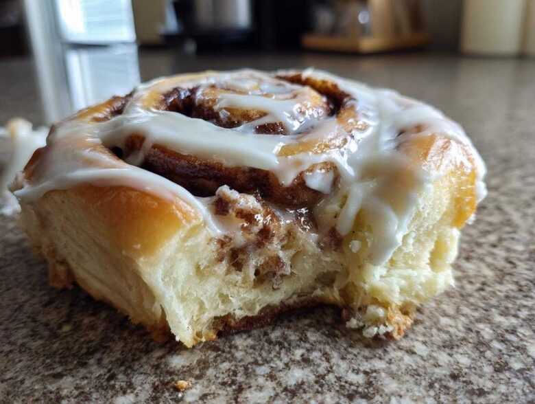 A close-up of one soft, fluffy cinnamon roll topped with thick white icing, showing a bite taken out.