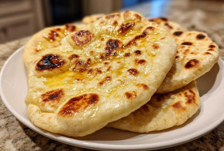 A stack of freshly made, soft Naan Bread brushed with melted butter, showing charred bubbles.