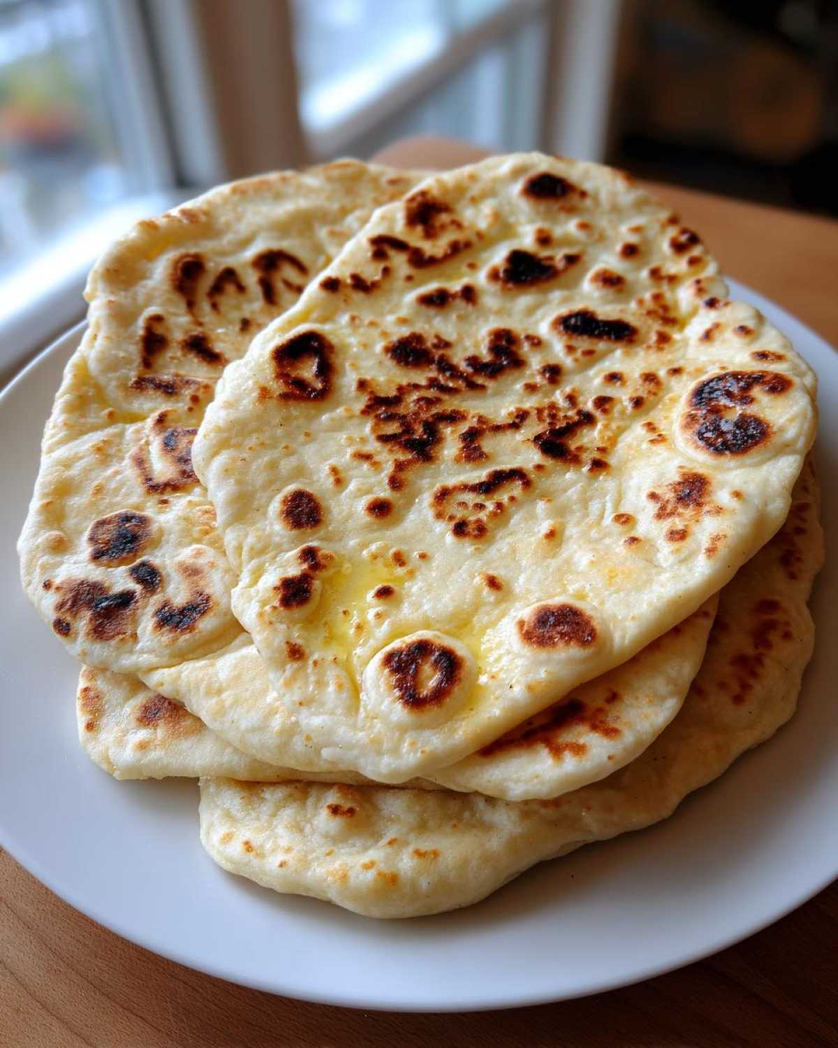 A stack of freshly made, soft Naan Bread on a white plate, lightly brushed with melted butter and showing charred spots.
