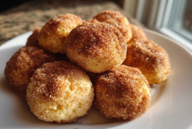 A close-up of several Soft & Sweet Cinnamon Sugar Biscuit Bites piled on a white plate, coated in cinnamon sugar.