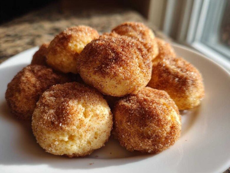 A close-up of several Soft & Sweet Cinnamon Sugar Biscuit Bites piled on a white plate, coated in cinnamon sugar.
