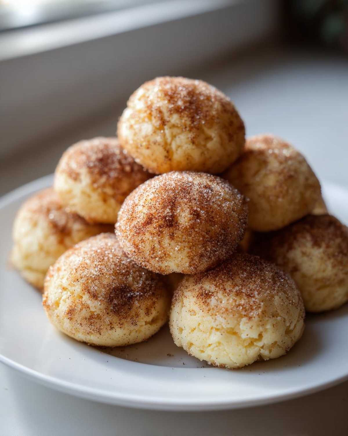 A stack of freshly baked Soft & Sweet Cinnamon Sugar Biscuit Bites piled on a white plate.
