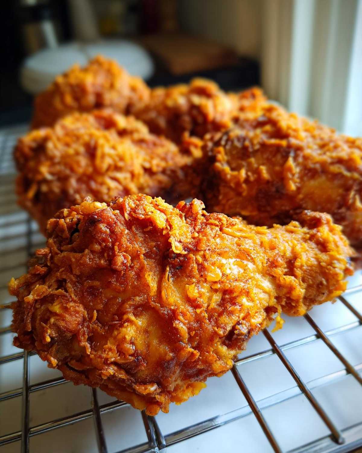 Close-up of a perfectly cooked piece of Southern Fried Chicken Crispy Golden resting on a wire cooling rack.