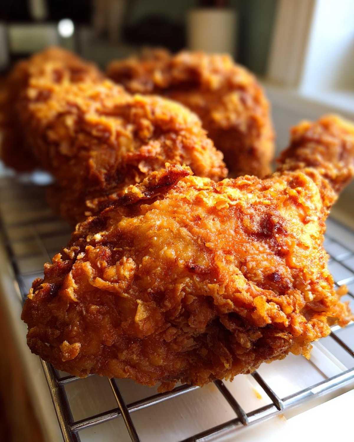 Close-up of crispy golden Southern Fried Chicken resting on a wire cooling rack.