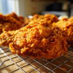 Close-up of perfectly cooked Southern Fried Chicken Crispy Golden resting on a wire cooling rack.
