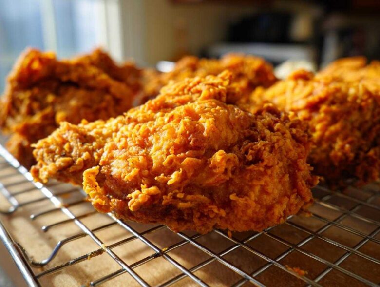 Close-up of perfectly cooked Southern Fried Chicken Crispy Golden resting on a wire cooling rack.