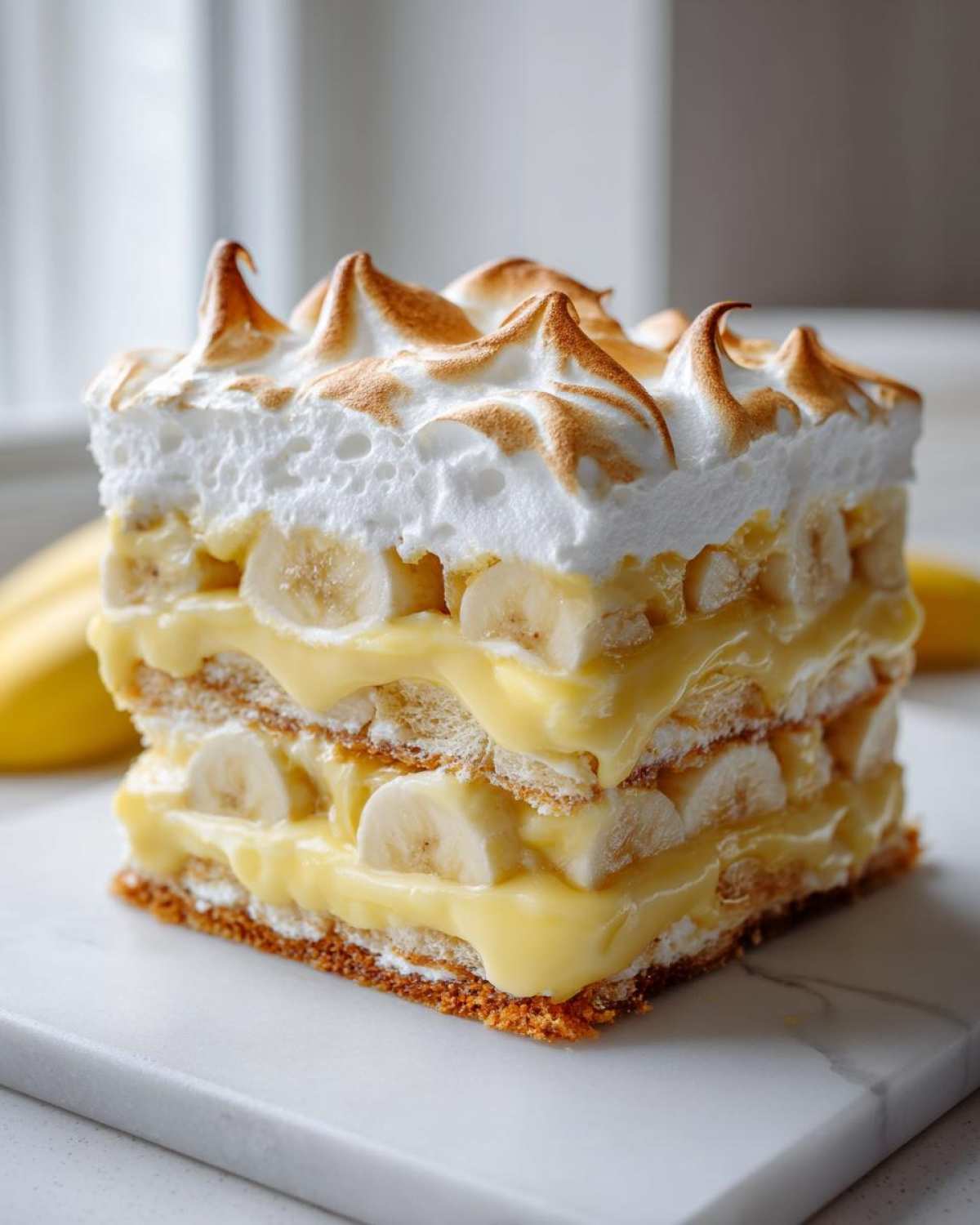 A tall, square slice of layered Banana Pudding featuring vanilla wafers, sliced bananas, custard, and toasted meringue topping.