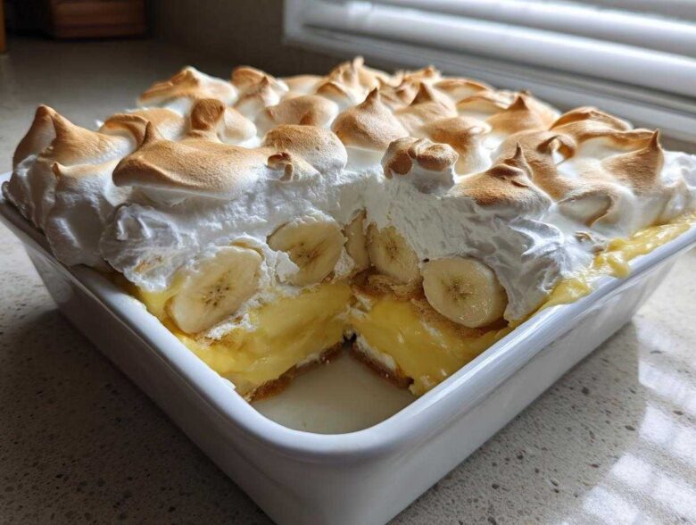A square white dish filled with 8-layer Banana Pudding, showing a slice removed to reveal layers of custard, bananas, and topped with toasted meringue.
