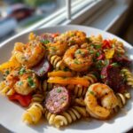 Close-up of Spicy Cajun Pasta Salad featuring seasoned shrimp, sliced andouille sausage, and bell peppers mixed with rotini pasta.