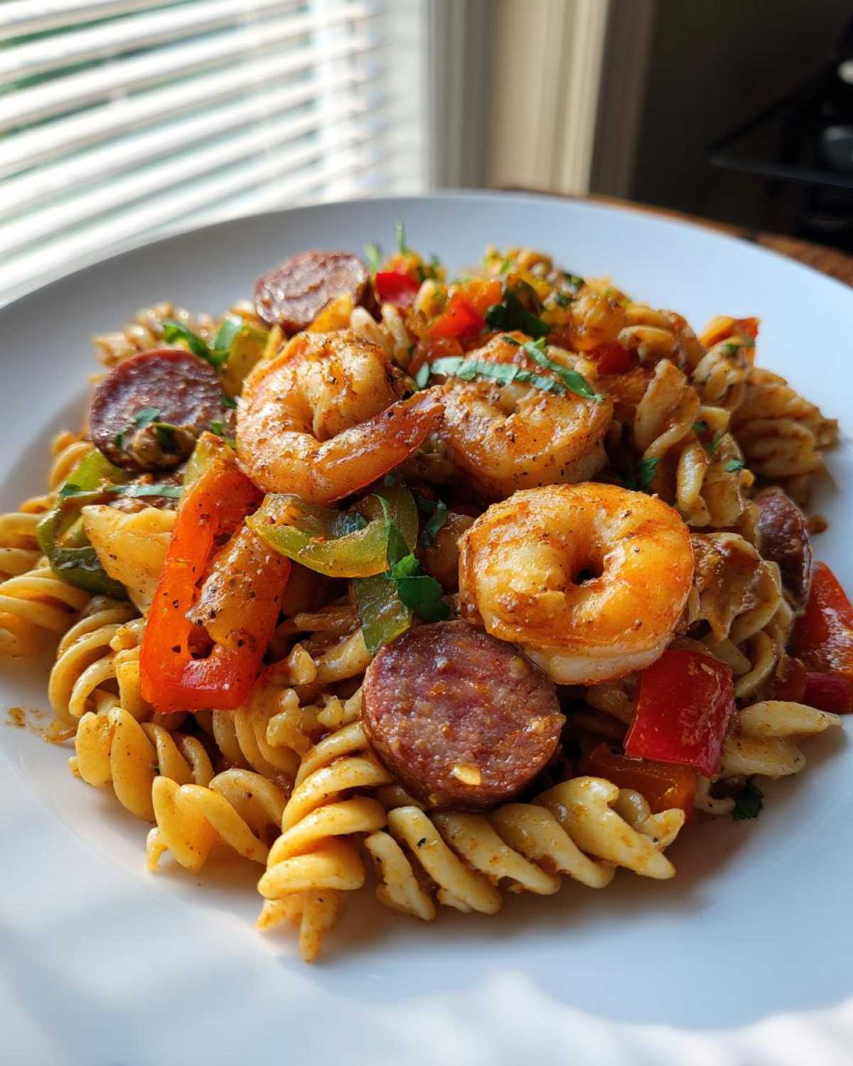 Close-up of Spicy Cajun Pasta Salad featuring rotini pasta, seasoned shrimp, and sliced andouille sausage.