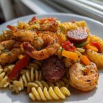 Close-up of Spicy Cajun Pasta Salad featuring seasoned shrimp, sliced andouille sausage, and bell peppers mixed with rotini pasta.