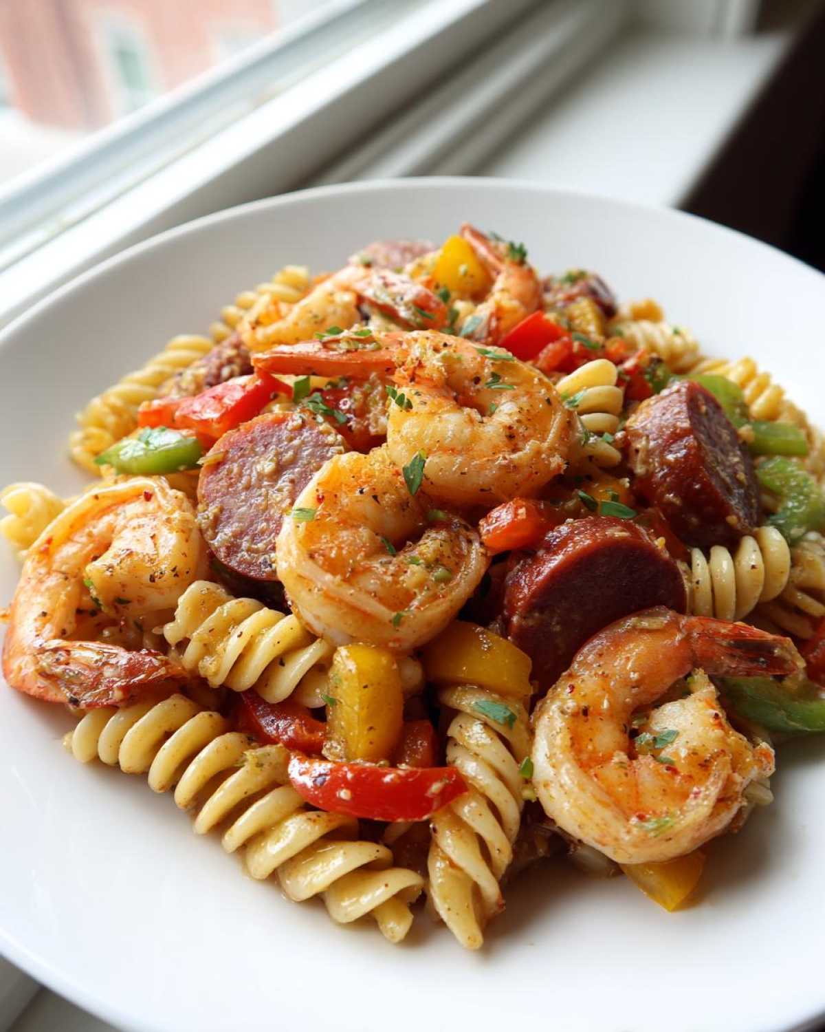 Close-up of Spicy Cajun Pasta Salad featuring rotini pasta, seasoned shrimp, and sliced andouille sausage.
